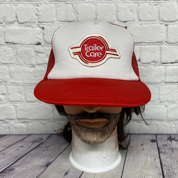 Vintage Trailer Care Hat Cap Snapback Red White Trucker Mesh Embroidered Patch - Picture 1 of 12